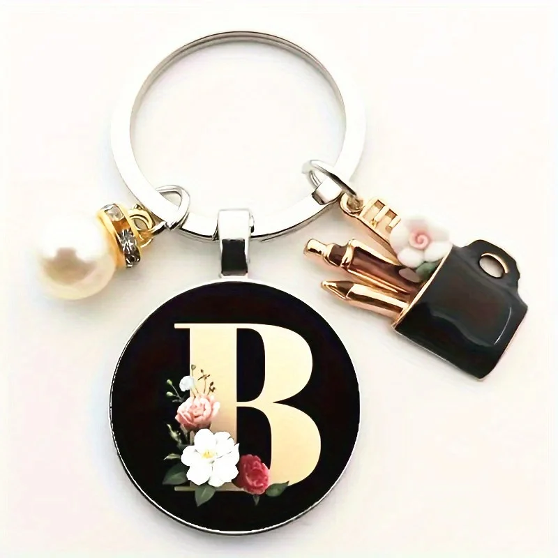 1 Elegant Women Alloy Initial Keychain with Imitation Pearl Vibrant Red Floral Design - Stylish Bag Charm & Perfect Gift for Her 2