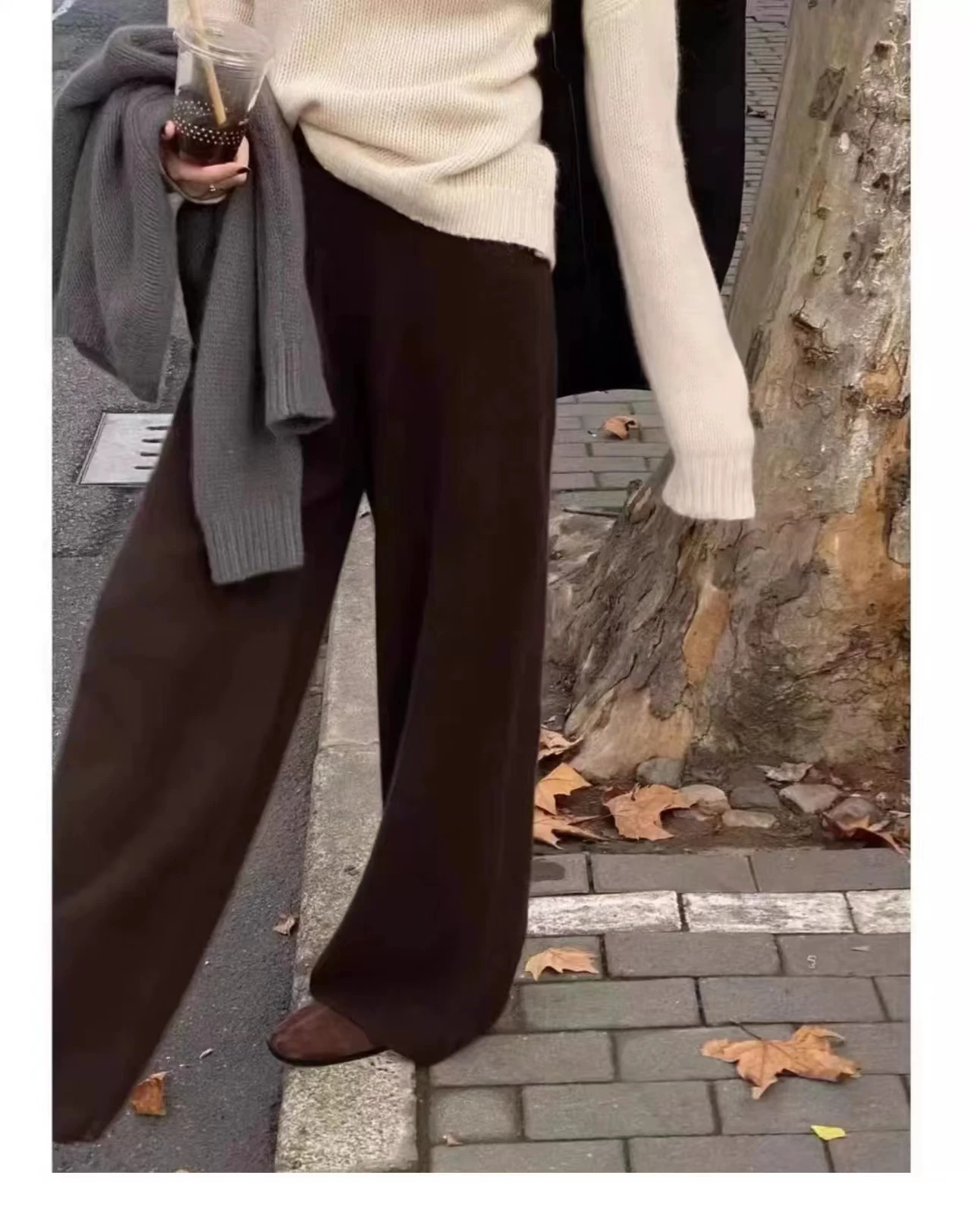 Soft waxy 100% cashmere wide-leg pants women's drooping feeling lazy wind knitted straight pants padded outer pants in autumn an 4