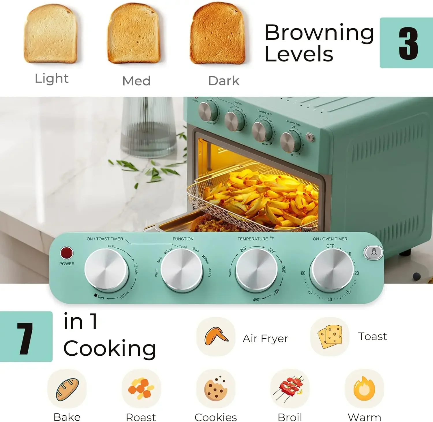 Retro Toaster oven - 19QT Air Fryer Oven & Toasters Combo, Large 7 in 1 Convection Oven for Family Use, 360° Even & Healthy Cook 4