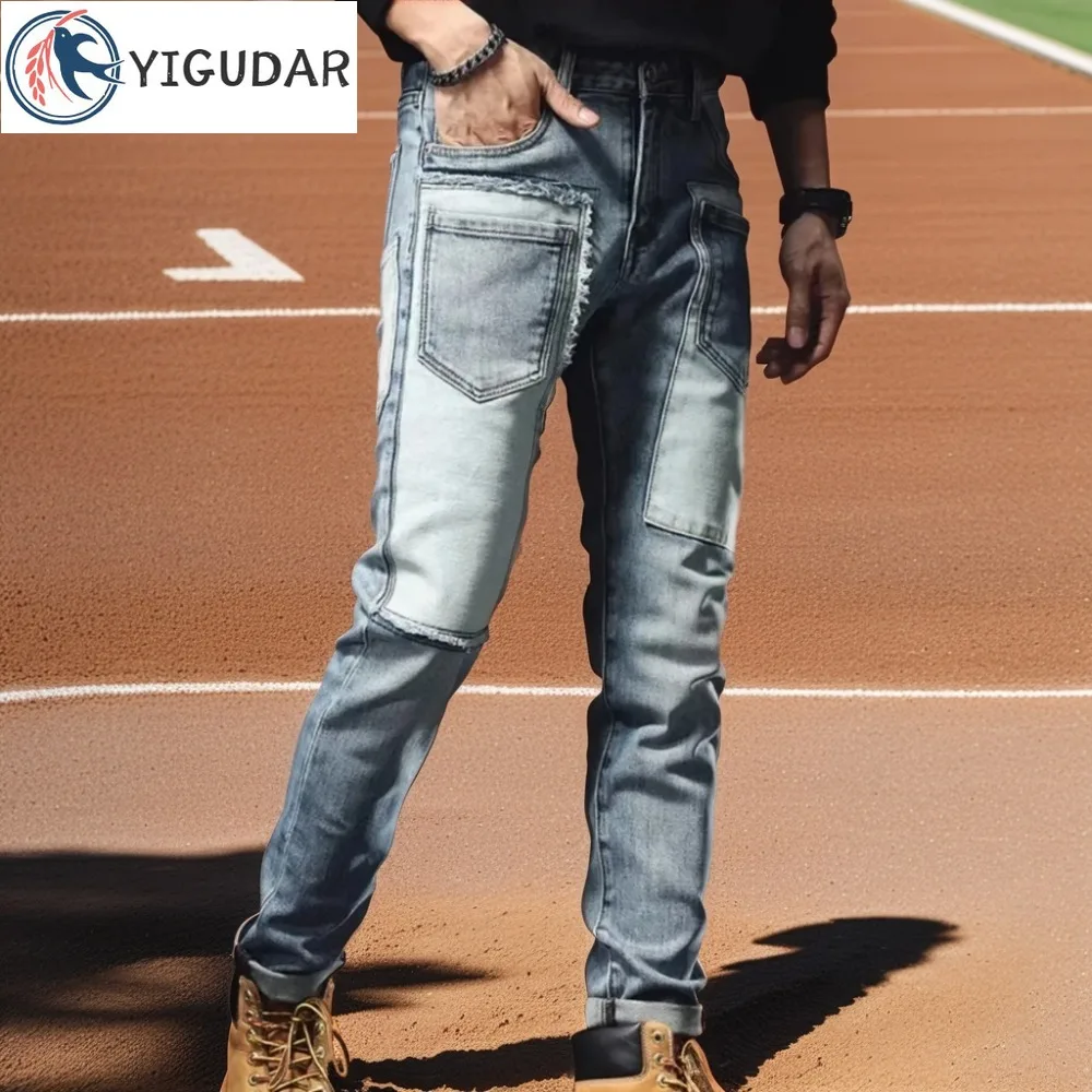 

2024 Patch Distressed Casual Denim Pants Multi-pocket Cargo Jeans Denim Skinny Pants Men Trouser Pantalon Jogger Pant