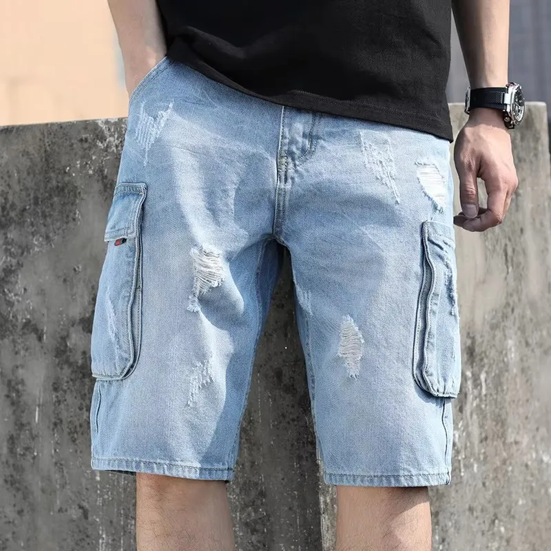 New Summer Men Blue Denim Shorts Cargo Jeans Quality Male Cotton Straight Loose Tooling Shorts Fashion Ripped Knee Length Jeans