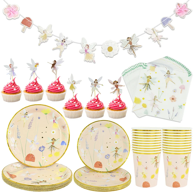 

Flower Fairy Disposable Tableware Birthday Party Paper Cups Plates Napkins Cutlery Baby Shower Theme Party Decoration Supplies