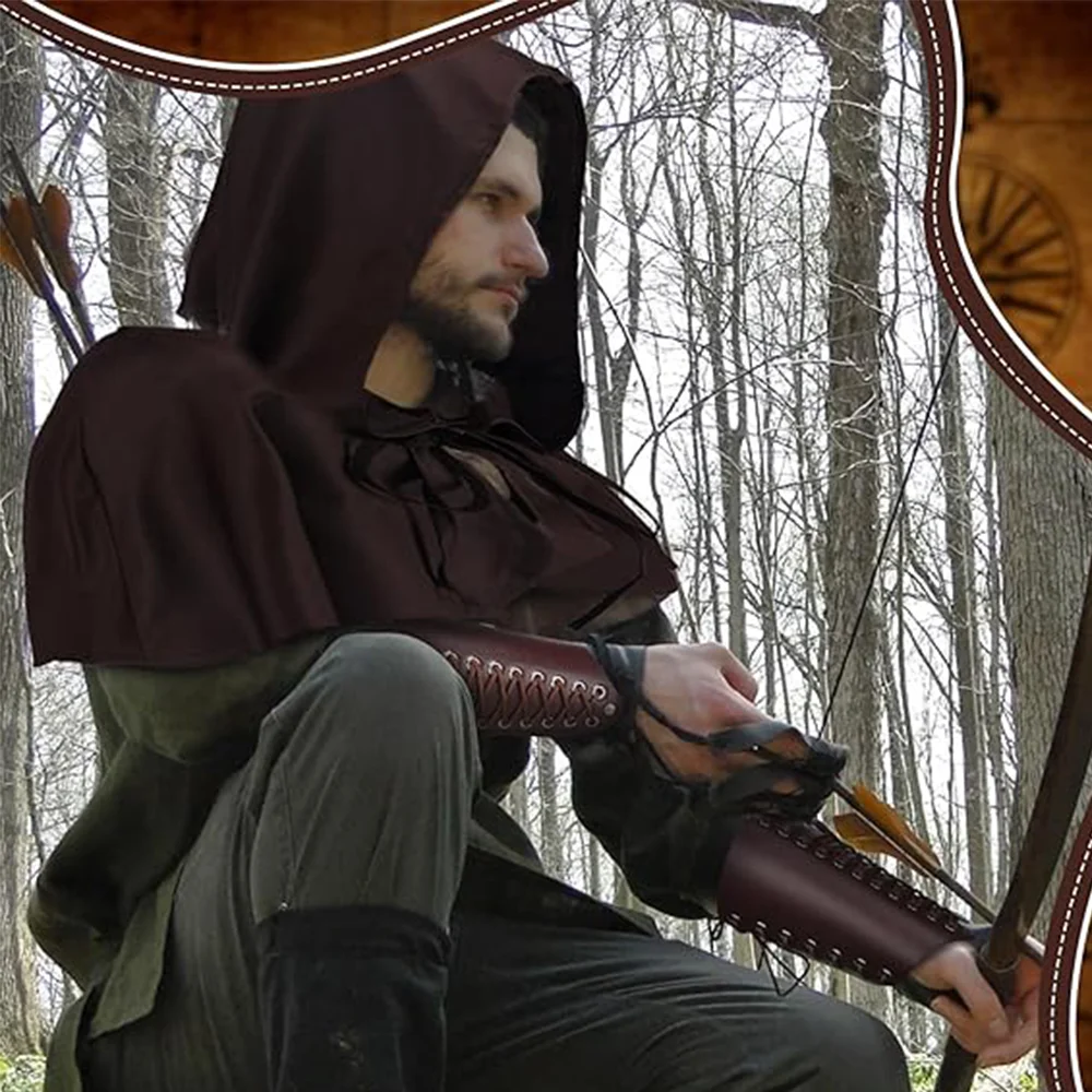 Halloween Cosplay Costume Solid Color Stand Collar Hooded Brown Death Cape Medieval Cloak Role-playing LARP Props