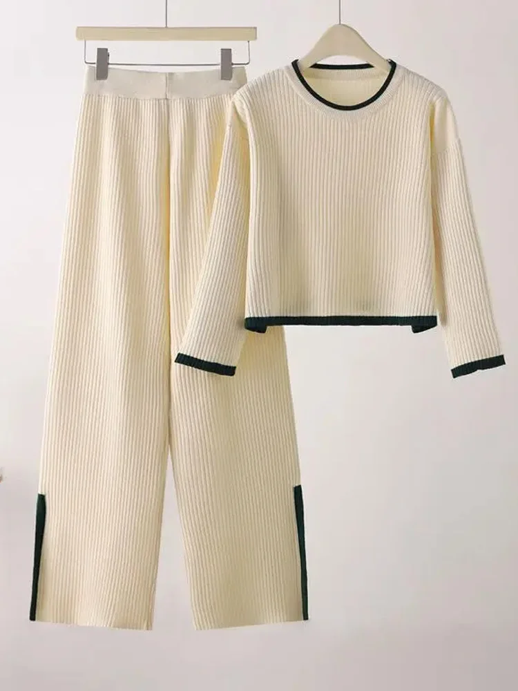 

Fashion Autumn Women 2 Pieces Sets Casual Split Patchwork Loose Knitted Sweater Sports Leg Pants Suits Winter Y2K 2023