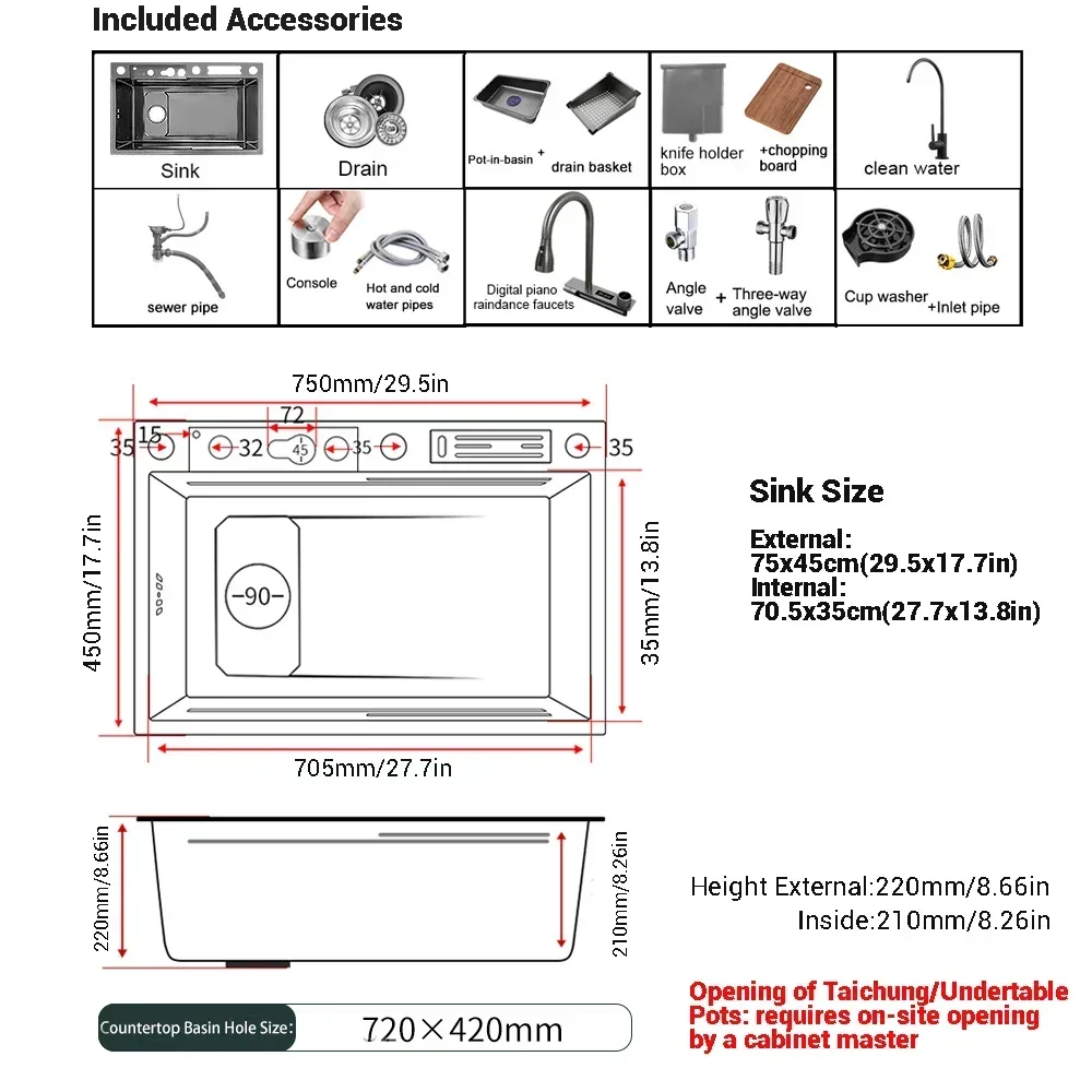 Left Drainage Kitchen Sink Single Bowl Kitchen Sinks Flying Rain Digital Display Waterfall Sink with Pull Down Sprayhead Faucet 6