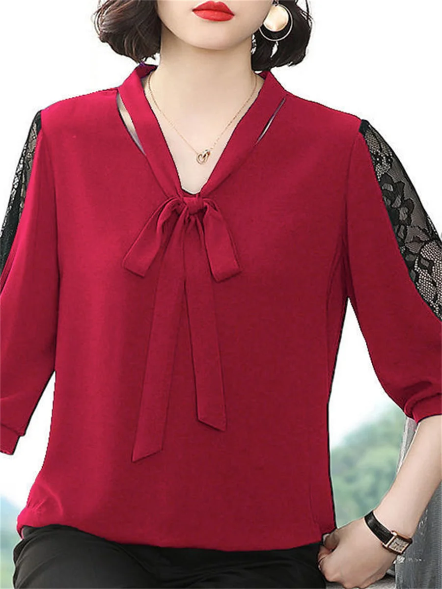 Women Spring Summer Style Blouses Tops Lady Casual Bow Tie Colloar Half Lace Sleeve Loose Tops