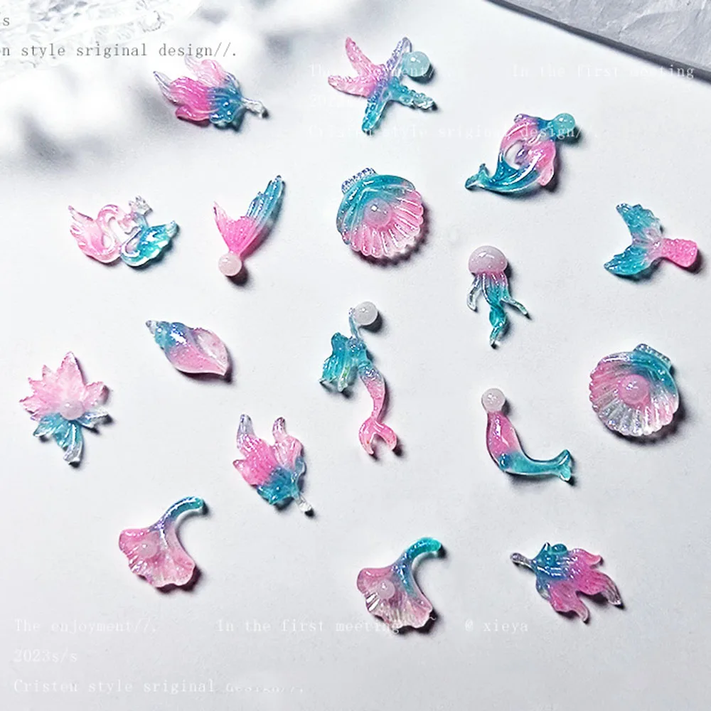 50pcs 빛나는 인어 네일 매력 DIY 쉘 불가사리 매니큐어 액세서리 매력에 대 한 글로우 오션 시리즈 네일 장식 부품