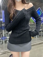 Casual Off shoulder Rib Knit Sweater Pull Women Long sleeve Top Basic Tees White Slim Pullovers Lady Sexy One Shoulder New - Image 2