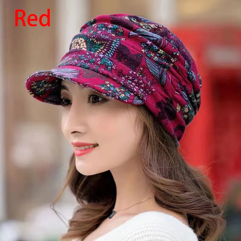 Short Brim Women Hat Warm Foldable Earflap Women Cap Floral Print Autumn Winter Hat Daily Clothing Turban Visor 3