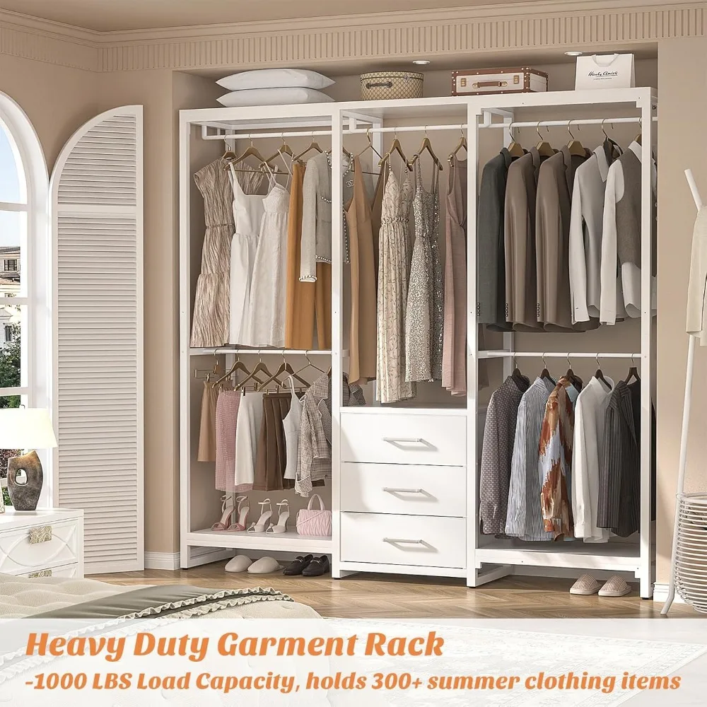 Garment Rack Heavy Duty Clothes Rack for Hanging Clothes,Clothing Rack with Drawers, Wood Stoarge Shelf Freestanding Closet War