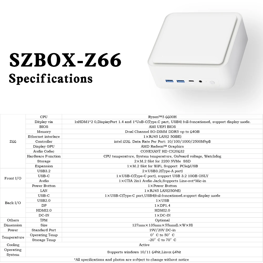 SZBOX Z66/Z69/X88 Mini PC 6600H/6900HX/8845HS DDR5 SSD PCIe3.0/4.0 Win11 Pro Wifi 6 BT5.2 Type-C Desktop Office Computer 6