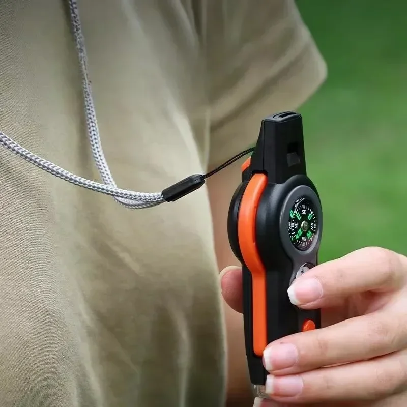 NEW 1PC 7 in 1 Survival Whistle High Decibel Rescue Whistle with LED Light Thermometer Compass Survival Reflective Signal Mirror 5