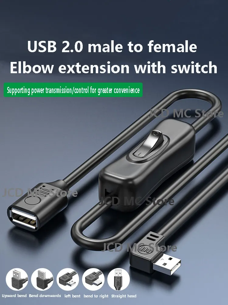 

USB extension cable with switch connector USB 2.0 male to female data cable turning head for small fan desk lamp charging cable
