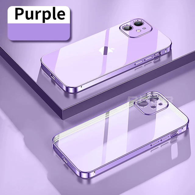 Luxury Soft Silicone Case for iPhone 13 12 11 Pro Max mini XR X XS Plating Square Frame Shockproof camera protect Clear TPU case Purple