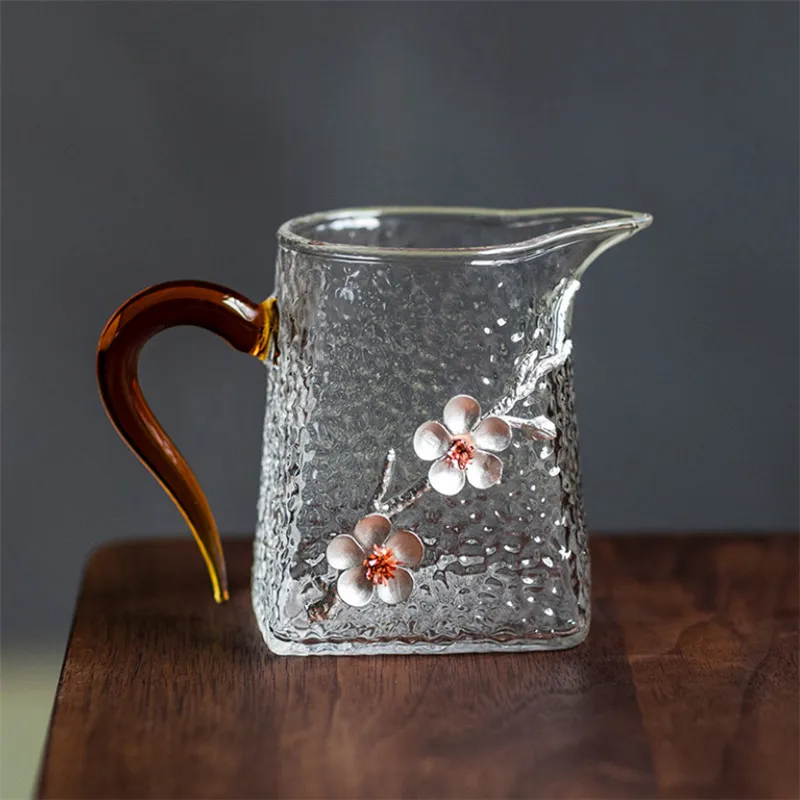 Japanese Heat Resistant Large Glass Teapot with Handle Creative 3D Plum Teacup Transparent Hammer Pattern Tea Cup