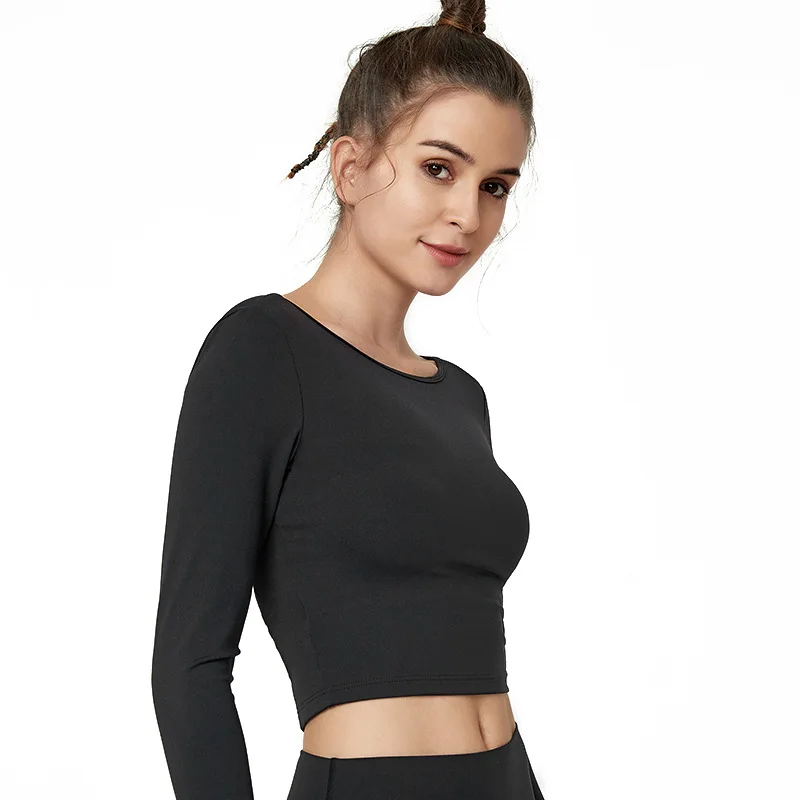 

Sexy Yoga Top with Built In Bra Quick Dry Crop Top Workout Shirts White Long Sleeve Sports Top Mesh splice Fitness