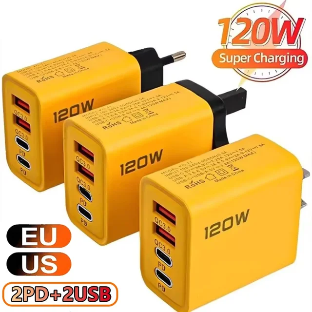 Total 120W USB Type C Charger 4 Port Fast Charging USB Phone Charger Adapter For iPhone Samsung Xiaomi Quick Charge Wall Charger 1