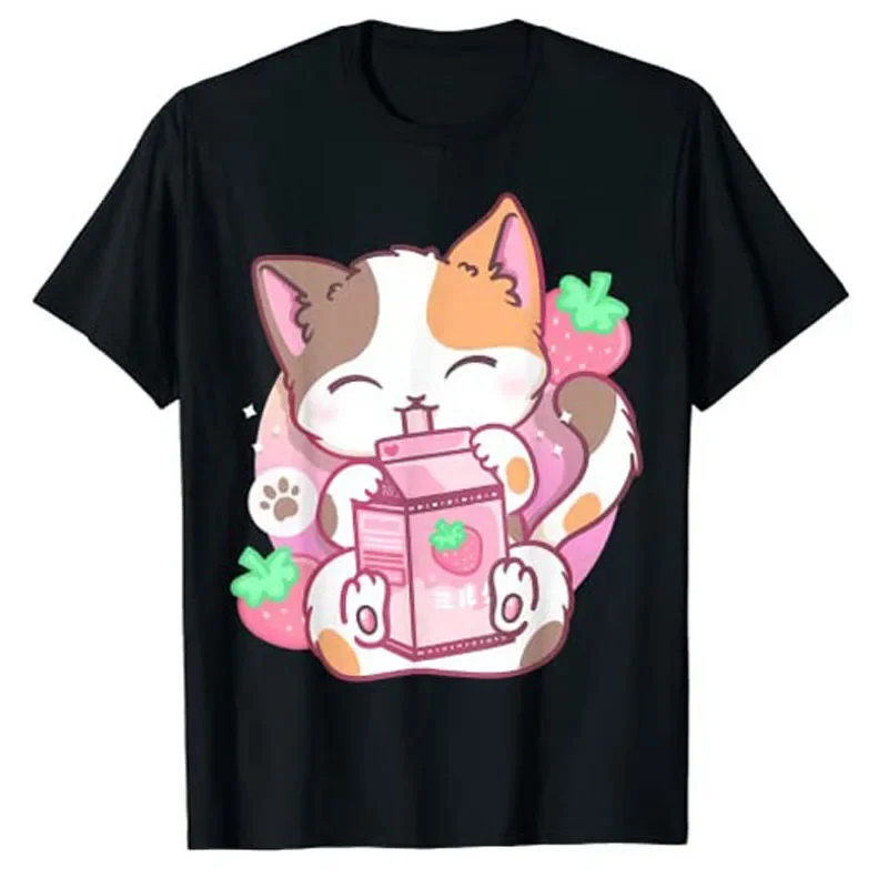 

Women Clothing Ladies Commuter Tops Y2k Shirt Kawaii Neko Anime TShirt Cute Strawberry Shake Strawberry Milk Cat Graphic TShirt