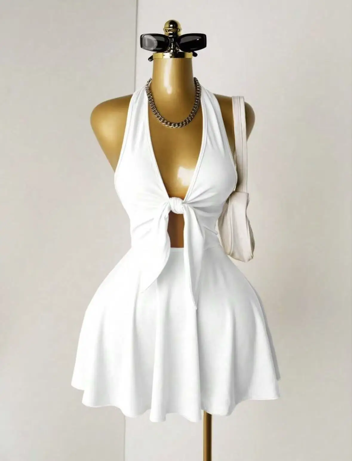 Women Halter Deep V Front Tie Cut Out Mini Dress 2026 Summer Y2K Night Club Party Flare Skirt Dresses