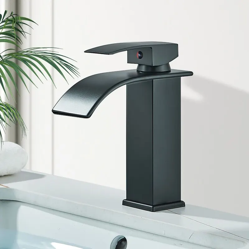 Waterfall Basin Sink Faucet Black Bathroom Faucets SUS304 Bath Hot & Cold Water Mixer Vanity Tap Deck Mounted Washbasin Crane