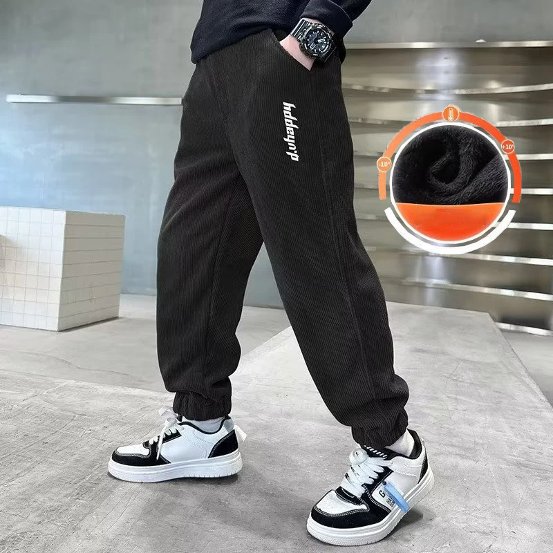 Boys Pants Autumn Winter Children Plush Thickened Casual Pants Bathroom All In One Velvet