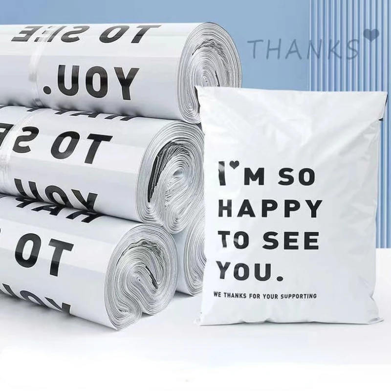 50 Pieces White Thickened Waterproof Express Bag THANKS English Printing Clothes Goods Items Packaging Envelope Courier Pouch