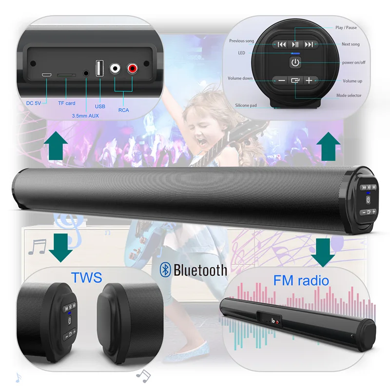 

Беспроводной ТВ-аппарат BS10 5,0 с Bluetooth-динамиками, портативный сабвуфер, домашний кинотеатр с дистанционным управлением, FM-радио, звуковой аппарат RCA