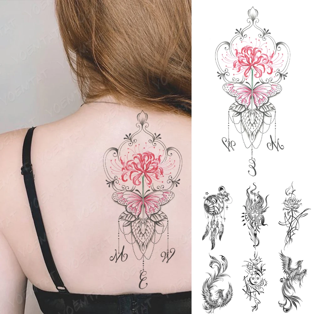 

Waterproof Temporary Tattoo Sticker Red Henna Mandala Butterfly Lotus Flower Body Art Arm Fake Tattoos Sleeve Women Men Chest