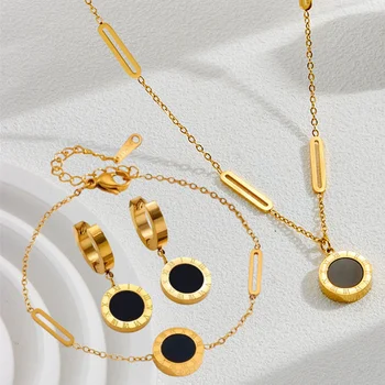 4pcs/setStainless Steel Black And  White Roman Numeral Pendant Necklace Bracelet Earrings Ladies Banquet Jewelry Set ,Party Gift