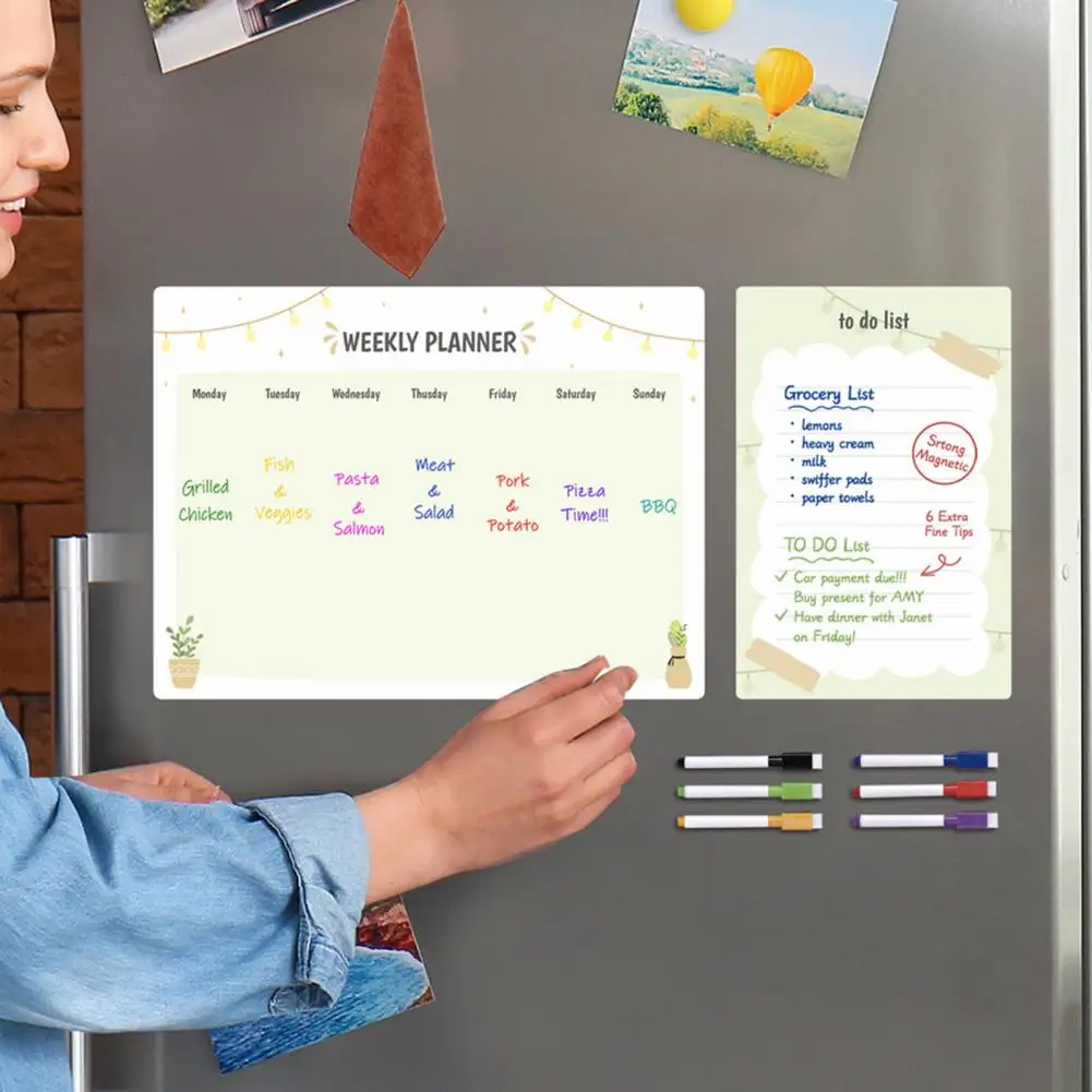 Fridge Pvc Board Magnetic Weekly Planner Efficient Weekly Planning Scratch-proof Magnetic Fridge Calendar Kit with Pens Organize