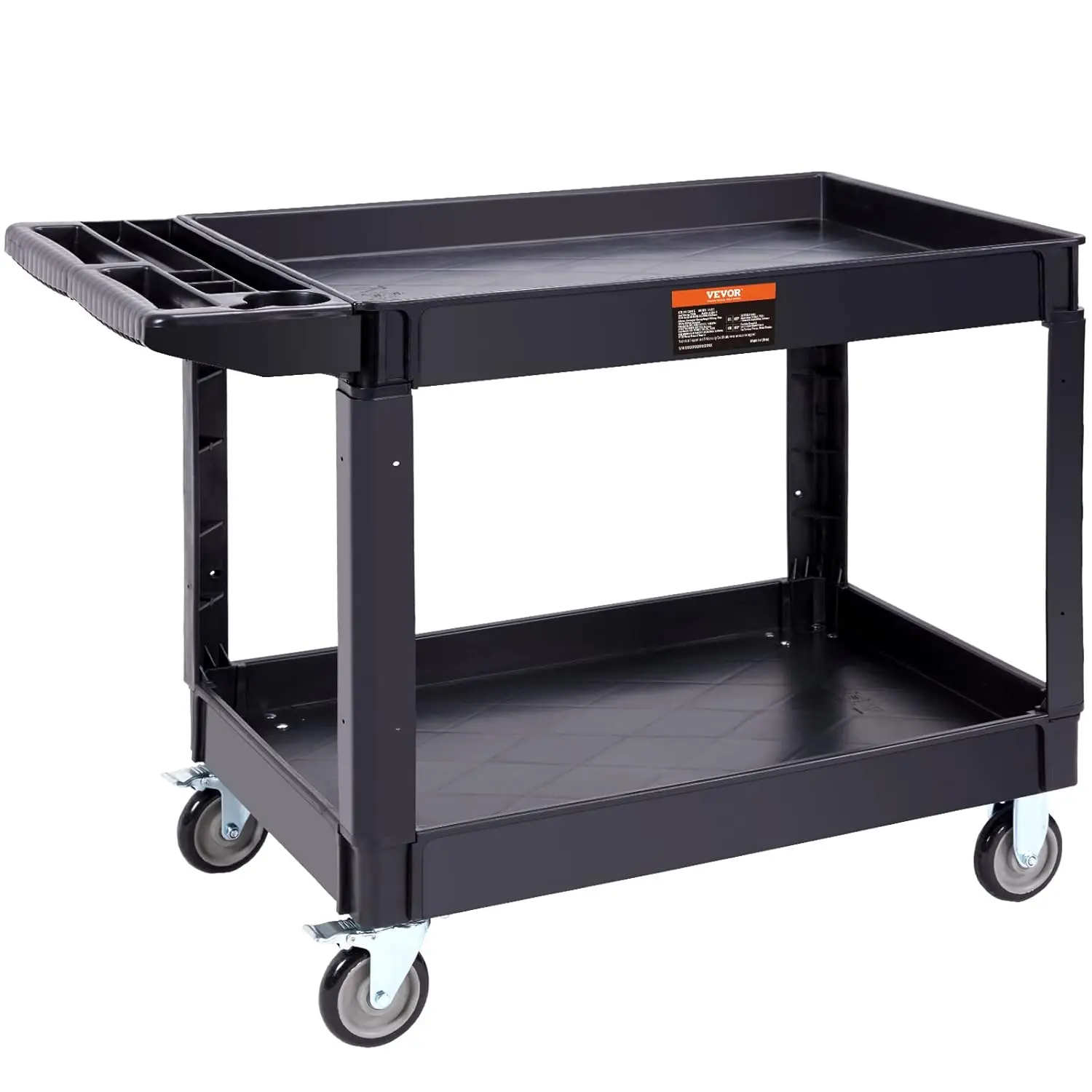 Utility Service Cart, 2 Shelf Heavy Duty Plastic Rolling Utility Cart with 360&deg; Swivel Wheels (2 with Brakes),
