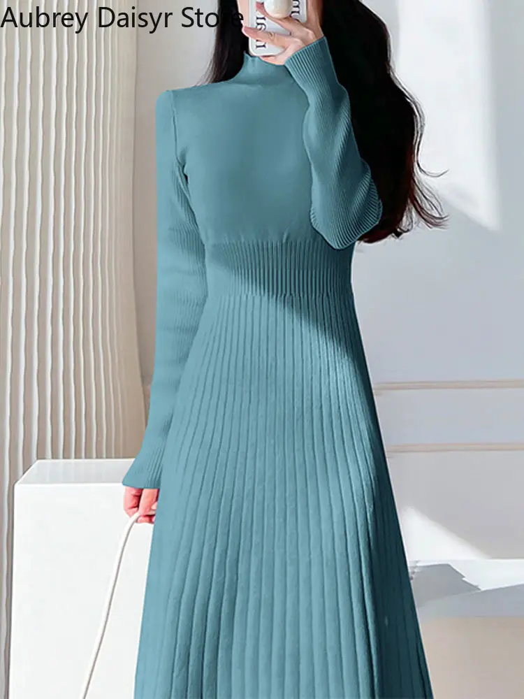 Coreano moda Midi abito lavorato a maglia donna elegante Chic mezzo collo  alto maglione vestito autunno caldo Casual Slim Y2k vestito da partito 2022  _ - AliExpress Mobile