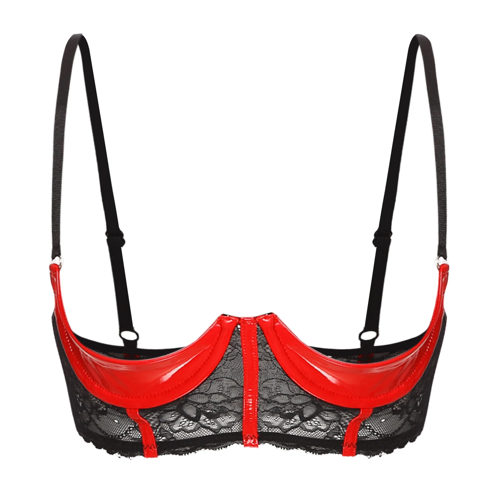 Womens Patent Leather Bra Tops See Through Sheer Lace Adjustable Straps 1/3 Cups Push Up Underwire Bralette Underwear Lingerie