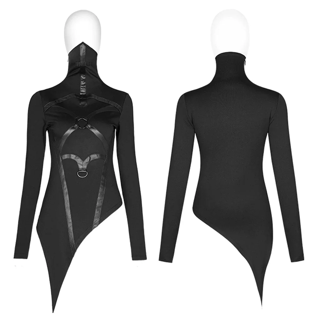 PUNK RAVE Women's Punk High Neck Church Architectural Structure T-shirt Tight Elastic Stage Performance Long Sleeve Black Tops