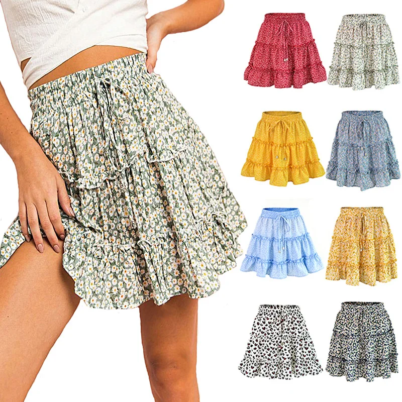 

VOLALO Summer Floral Print Boho Sexy Mini Skirt Women Bandage Fashion High Waist Frills Short Skirt For Women Pleated Skirts