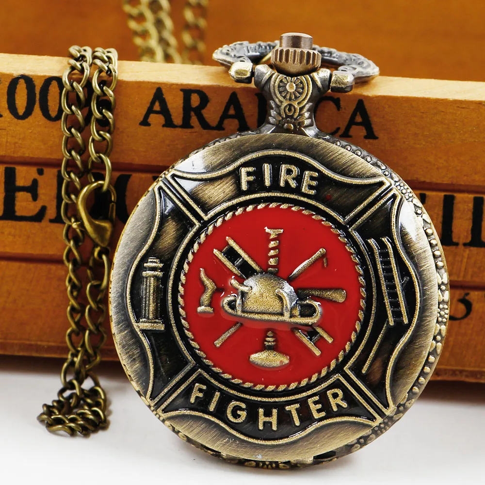 Vintage Exquisite Firemen ToolsCarved High Quality Quartz Pocket Watch Necklace Pendant Gifts For Women Or Man with Fob Chain images - 6