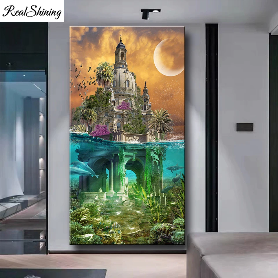 huacan 5d diamond painting Large Diamond Painting Moon Undersea Castle Landscape 5D DIY Square Round Cross Stitch Embroidery Rhinestones Pictures T1748 5d full drill diamond painting