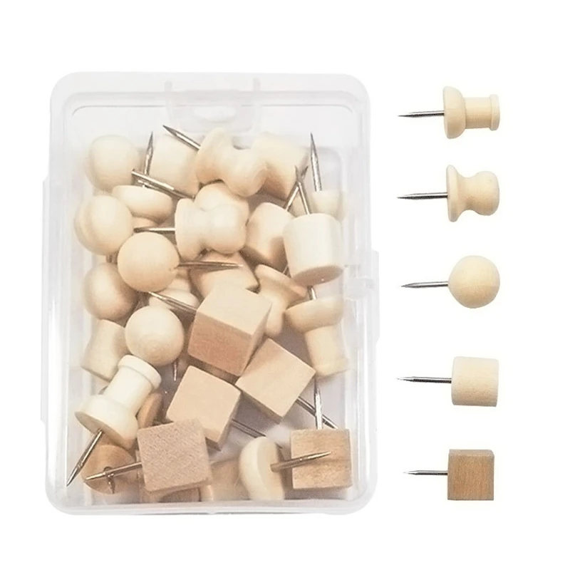 30pcs Decorative Thumb Tack  Wooden Push Pins Metal Push Pin Thumb Tack for Cork Board Home DIY Decoration