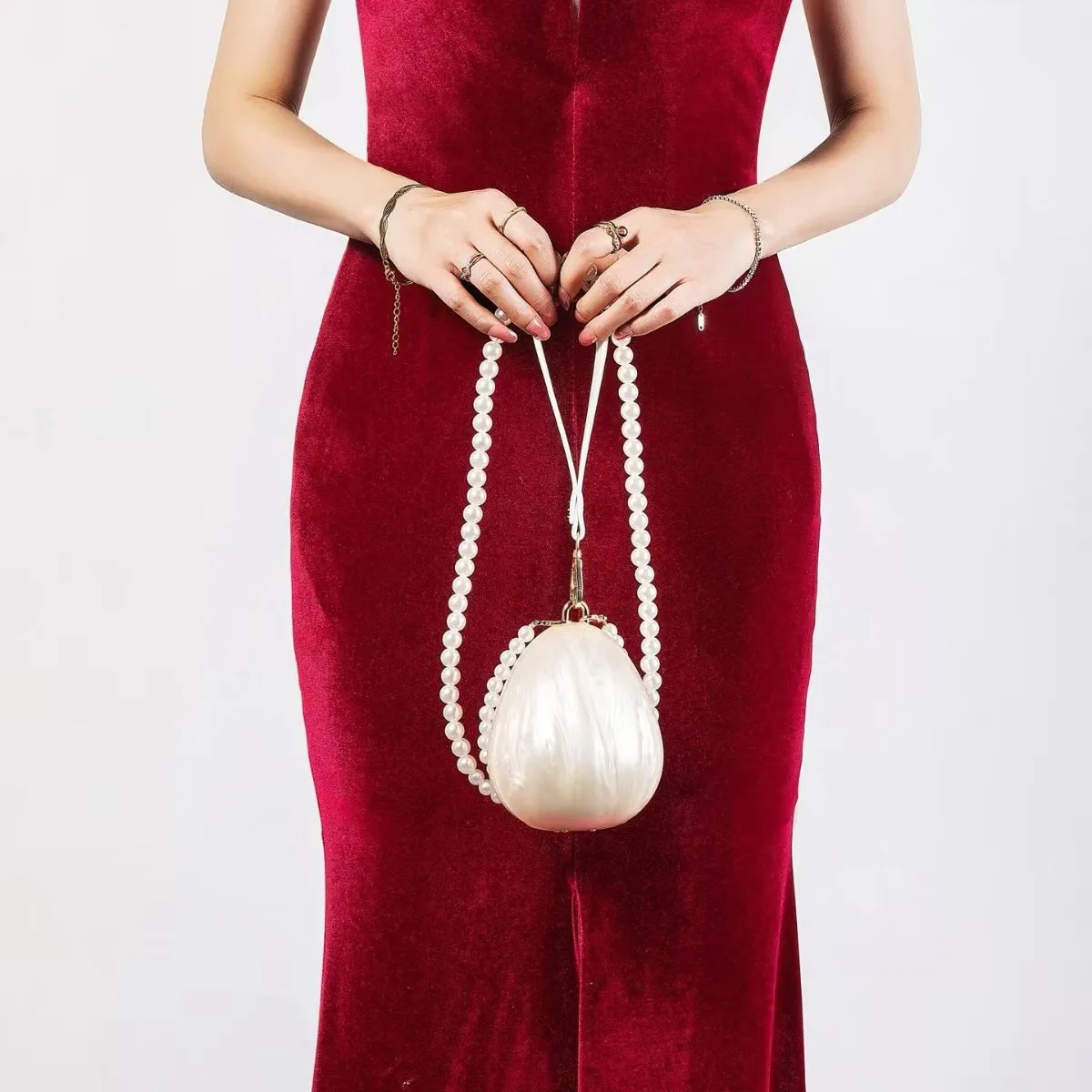 Women Acrylic Egg Bag Pearl Beaded Evening Clutch front view