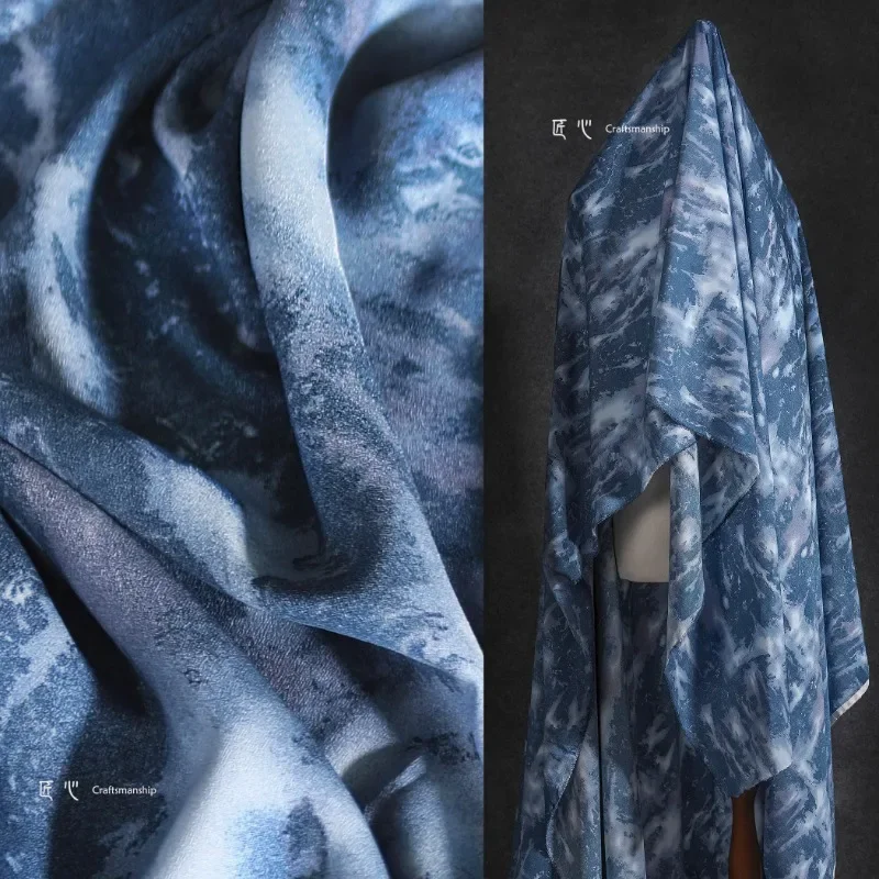 Blue Printed Fabric Cotton Material Retro Hanfu Dress Longuette Designer Apparel Sewing Fabric Cloth Diy Material