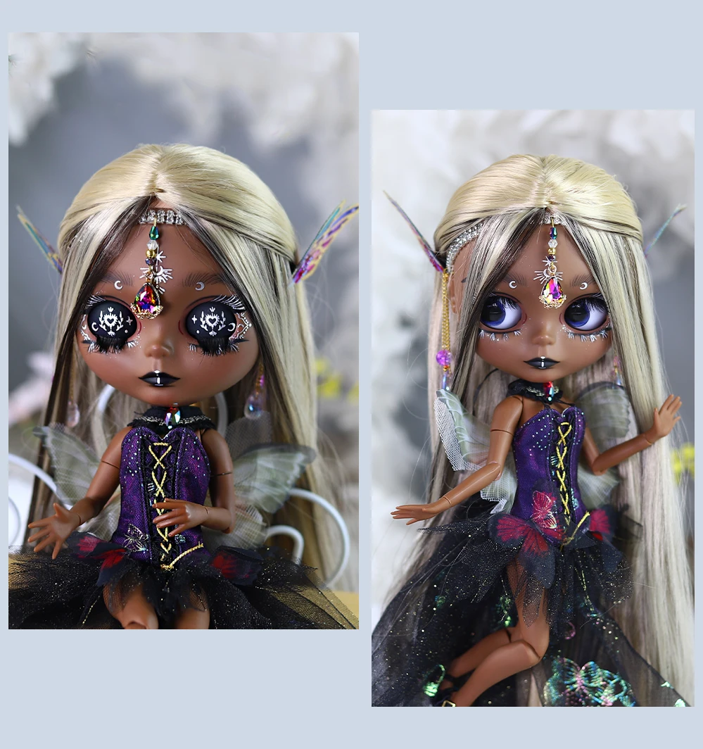 எலோயிஸ் - பிரீமியம் Custom Neo Blythe பல வண்ண முடி, கருப்பு தோல் & மேட் அழகான முகம் கொண்ட பொம்மை 14