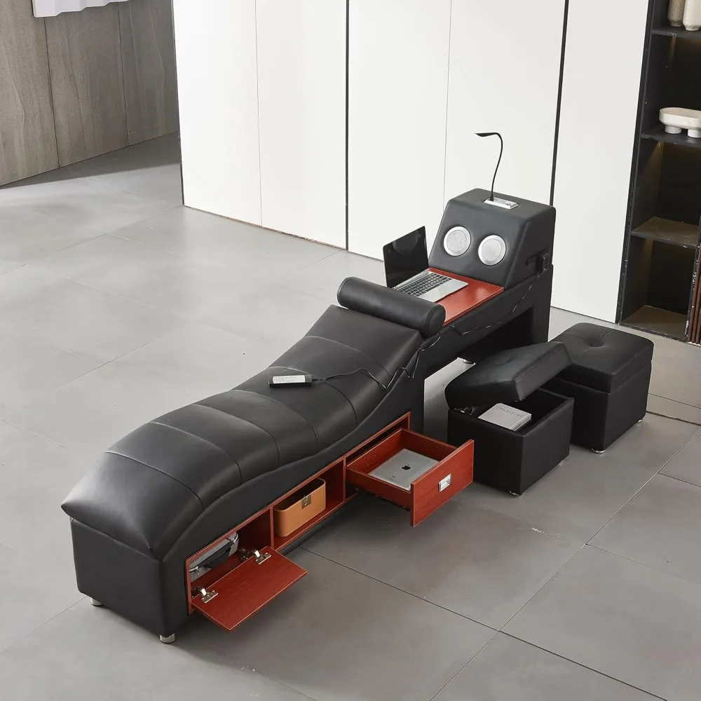 Multifunctional King Bed Frame, Modern Luxury Smart Bed with Massage Recliner on Right/Music Speaker/USB Port/Storage Drawers 4