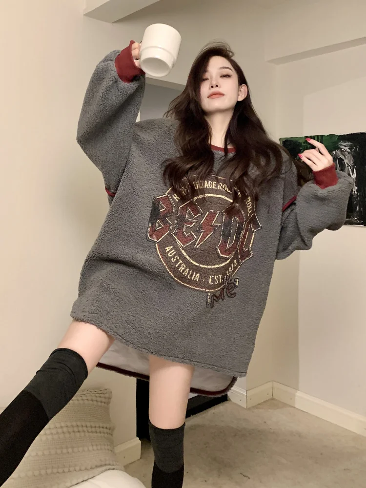2022 New Fashion Autumn Winter Thicken Women Sweatshirt All-match Loose O-neck Mid-length Lambswool Streetwear Hoodie Top