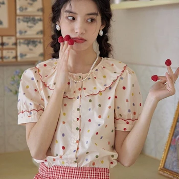 여성용 스위트 도트 디자인 셔츠, 올 매치 루즈 심플 패션, 한국 스타일 캐주얼 턴 다운 칼라, 우아한 학생 레트로, 여름