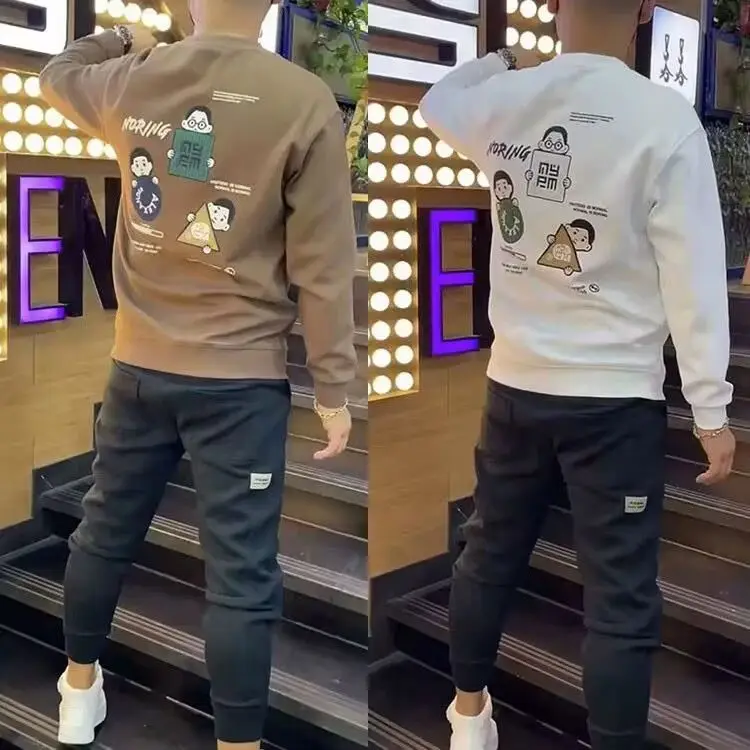 

Fall 2023 New Trend Long-sleeved Hoodie Cartoon Printing Men's Round Neck Tops with A Slim-fitting Undershirt Sweatshirt