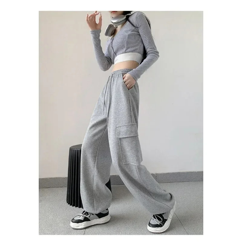 Deeptown Grey Sweatpants Women High Waist Sports Joggers Pants Korean Reviews Loose Straight Trousers Fall Winter Casual Vintage