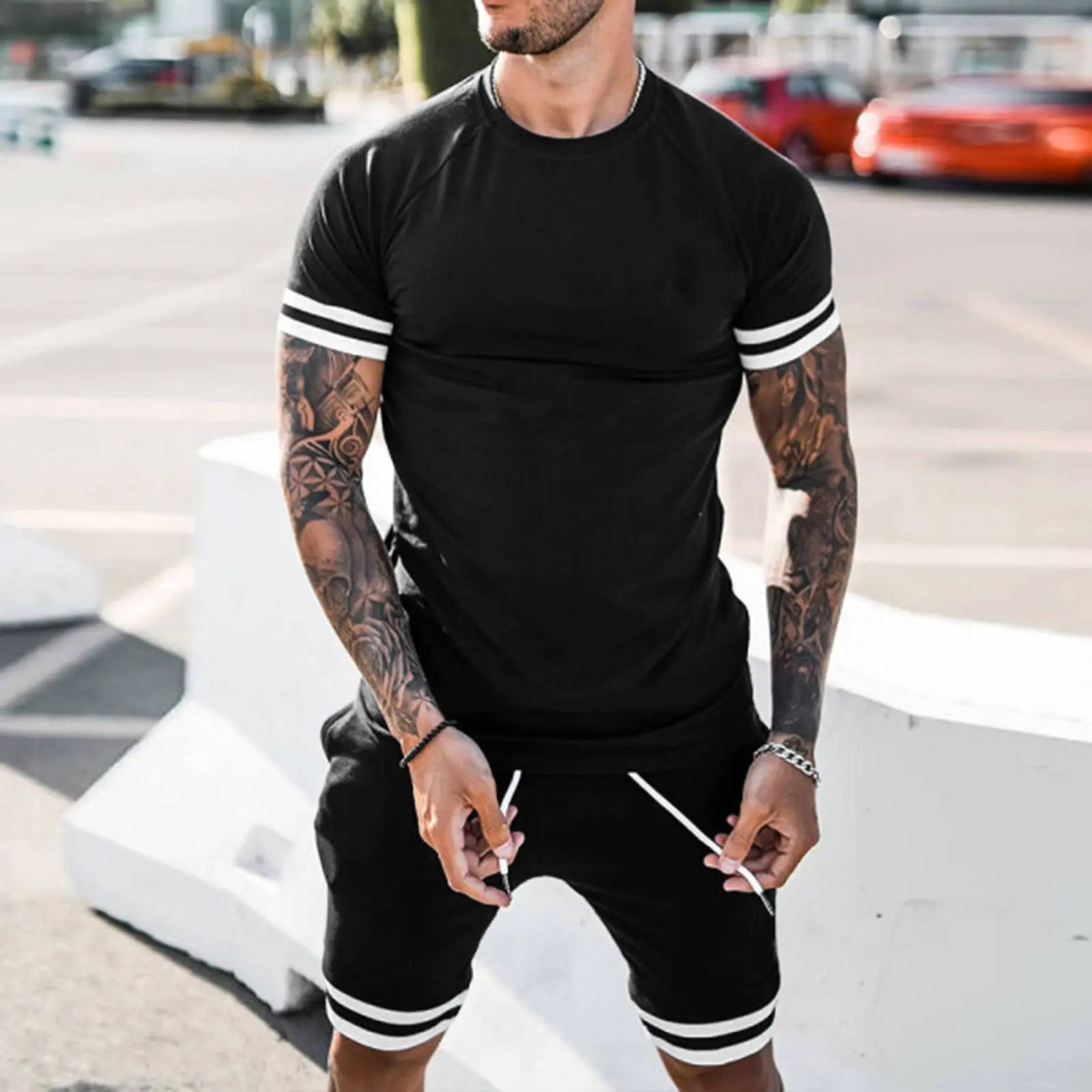 

Summer fashion simple solid color slim male sports suit muscle fitness casual T-shirt shorts men's suit sportswear two-piece men