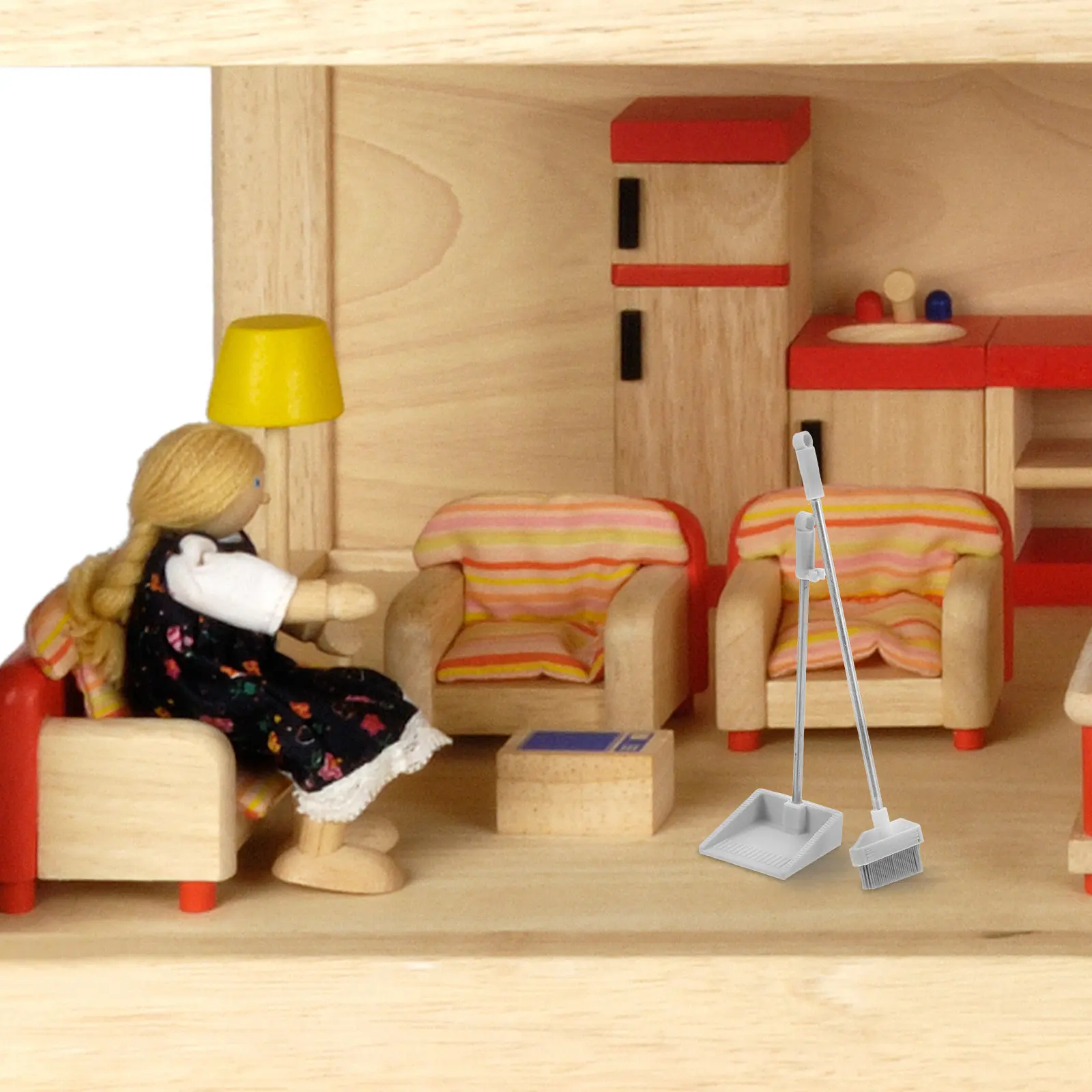 1세트 미니 쓰레받이 빗자루 세트 인형의 집 놀이집 장 사실적인 청소 도구 미니어처 하우스 용품