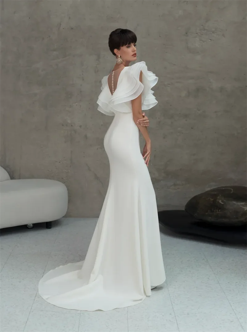 Simple White Satin Mermaid WeddingElegant  Dress Deep V-Neck Chic Puff Sleeve Sheer Back Long Women Formal Reception Gowns
