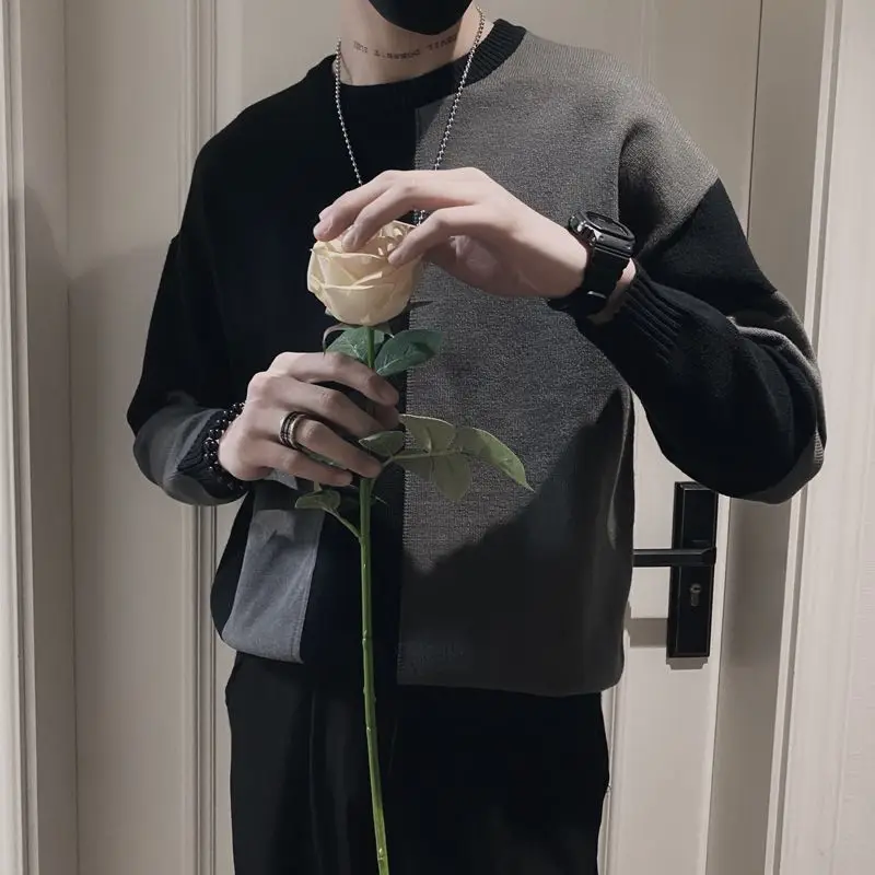 Korean Slim Striped Patchwork Sweater Men's Autumn Winter Fashion Printed Long Sleeved Round Neck Knitted Pullover Bottom Tops